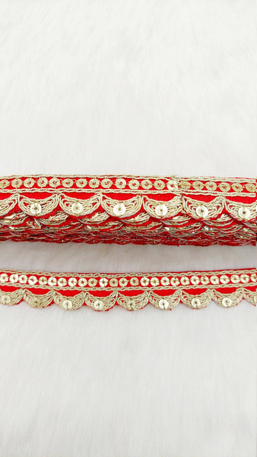 Art Silk Fabric Trim With Gold Embroidery, Scallop Sequins Sari Border, Trim By 3 Yards